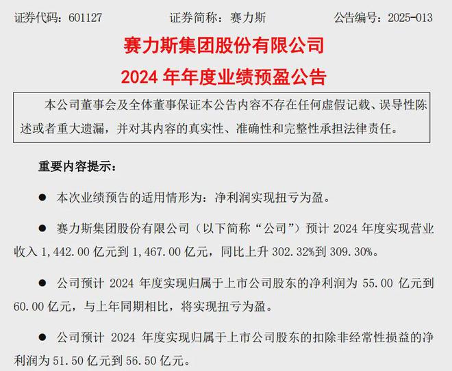 超额完成年度目标 赛力斯预计2024年净利润55亿到60亿